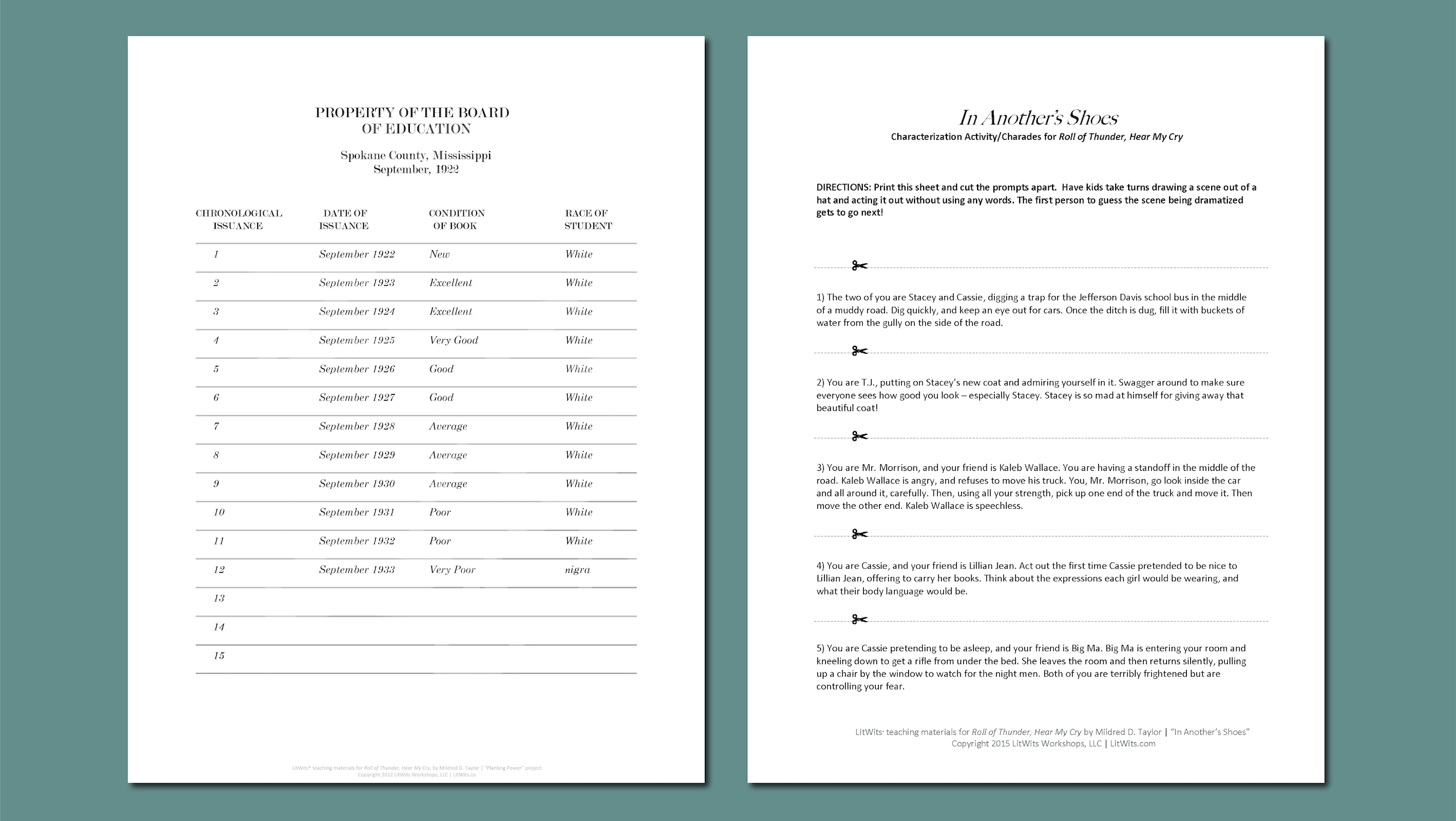 LitWits Printables For ROLL OF THUNDER HEAR MY CRY